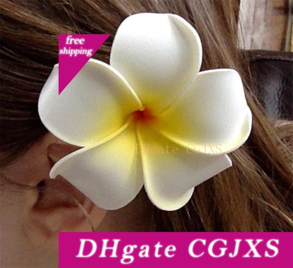 Hawaiian Hawaii Bridal Wedding Foam 2-Flower Hair Clip White Yellow Plumeria
