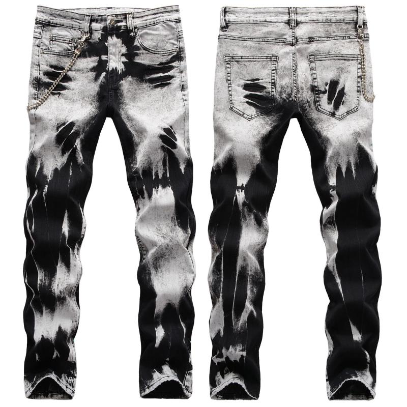 

2020 Men's Snowflake Vintage Lanyard Decorative Stretch Slim Jeans, Dark grey