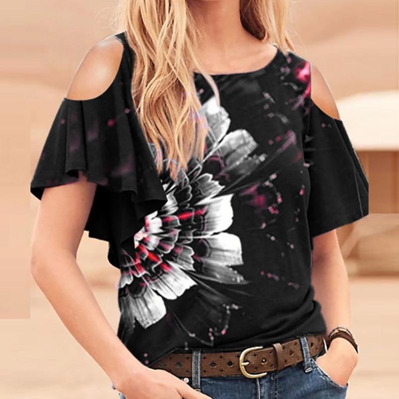 

Women Plus Size Short Sleeve Flowers Print T-shirt Strapless O-neck Fashion Pullover Tops 2020 Summer Lady T-shirt #3, Black