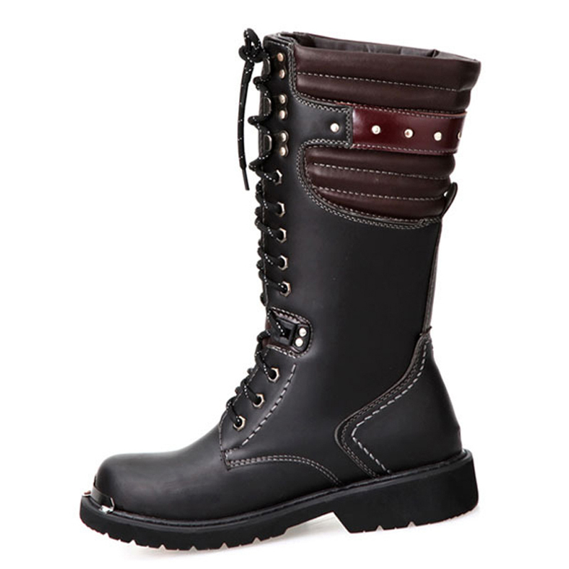 Men Motorcycle Boots Vintage Combat Boots With Pocket 2016 New Lace Up PU Leather Buckle Military Boots Men Shoes 03