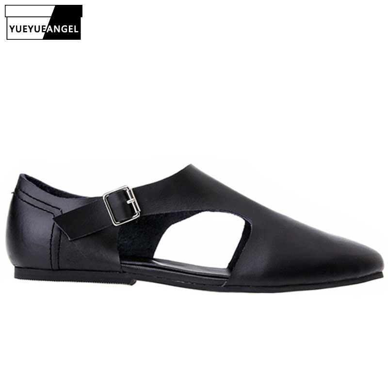 

Summer Mens Flats Pointed Toe Genuine Leather Sandals Buckle Hollow Out Gladiator Shoes Vintage Man Casual Outside Beach Sandals, Black