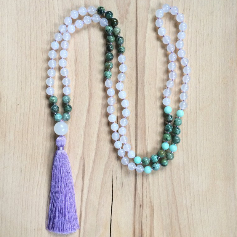 

African T-urquoise Mala Necklace Hand Knotted 108 Mala Beads Necklace Handmade Purple Tassel Healing Jewelry For Women