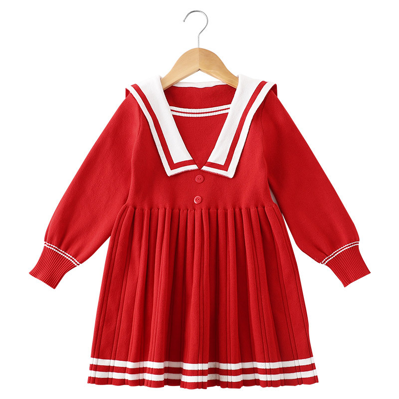 

Christmas kid's costume autumn Girls Dress of Girls Navy collar Party Sweater Knit dress winter children clothes from 2 to 7 y, As picture