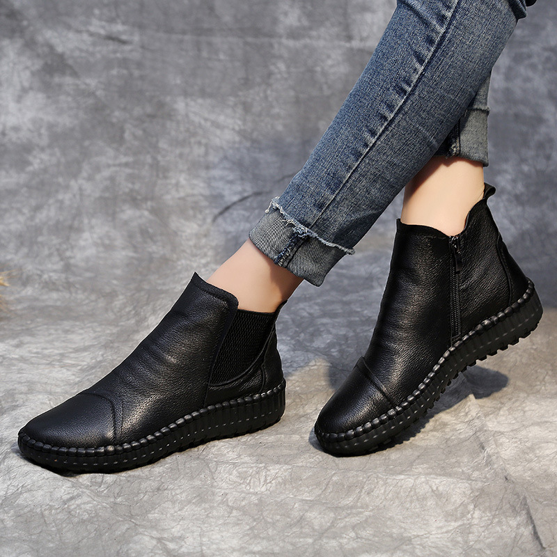 

and winter of 2020 plush leather women's boots handmade short boots women's flat bottomed leisure soft soled, See chart