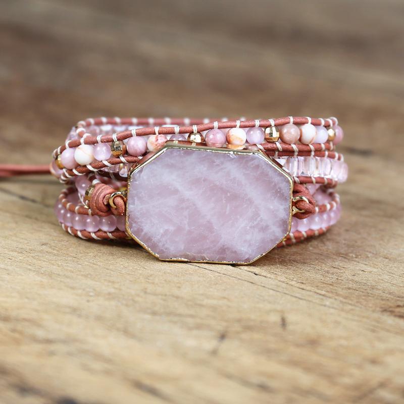 

Handmade Jewelry Women Pink Quartz 5 Strand Leather Wrap Bracelets Rhodonite Crystal Beads Bohemia Charm Bracelet Dropship
