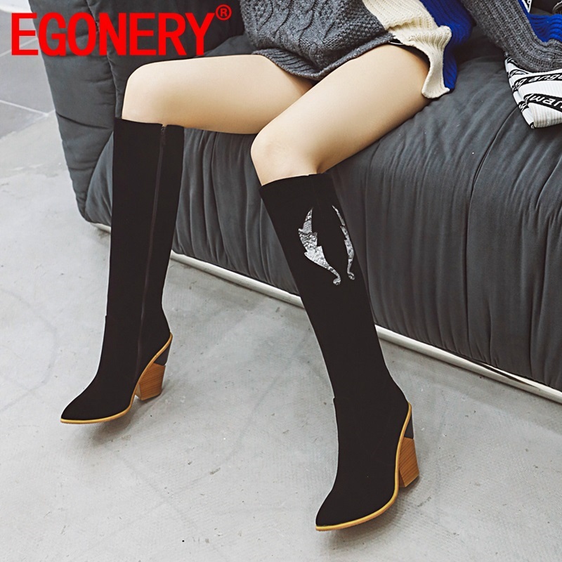 

EGONERY winter new fashion knee high boots outside high heels pointed toe zipper flock women shoes drop shipping size 33-45, Black