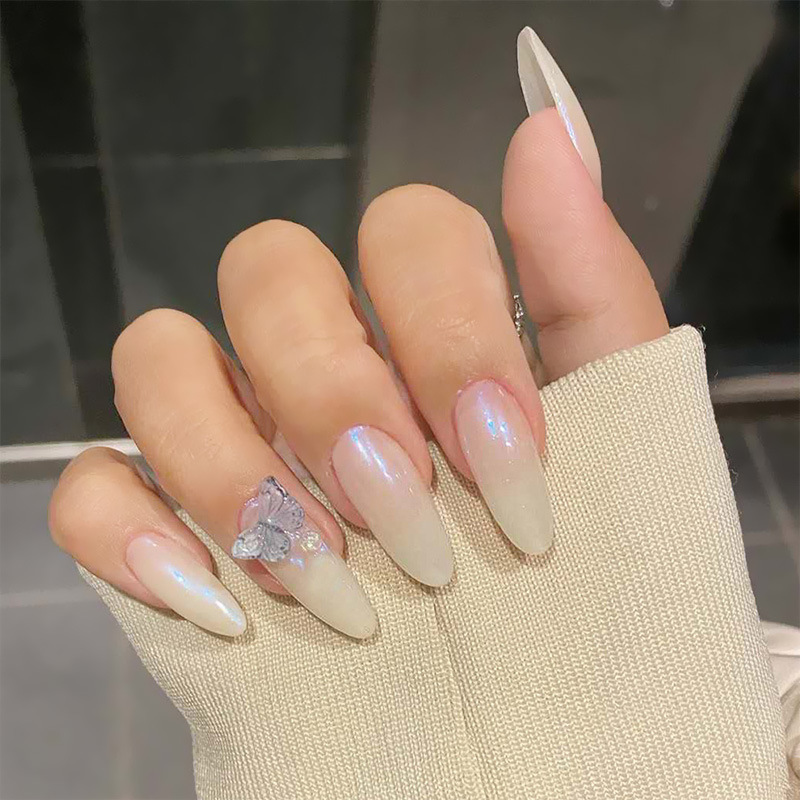 

24pcs Aesthetic Milk White Color Aurora Butterfly Decor Fairy Temperament Long Style Waterproof Detachable Fake Nails TN
