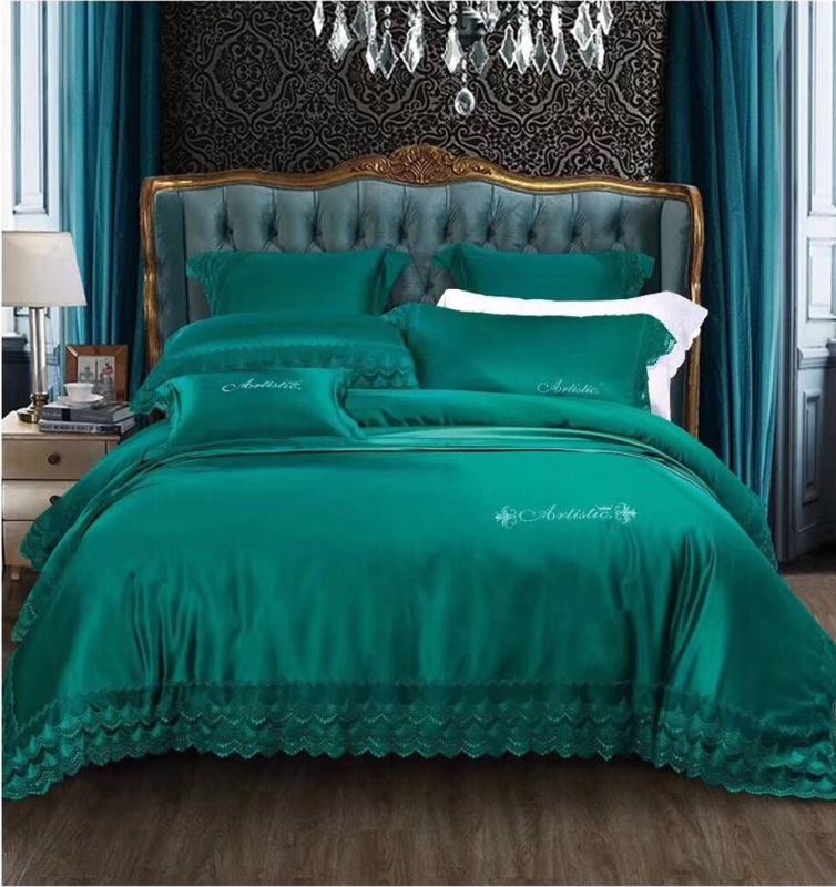 

New Luxury Green 100S Egyptian cotton Tencel Silky Bedding set Queen King Noble Lace Edge Royal Duvet cover Bed sheet set Europe, Color 5
