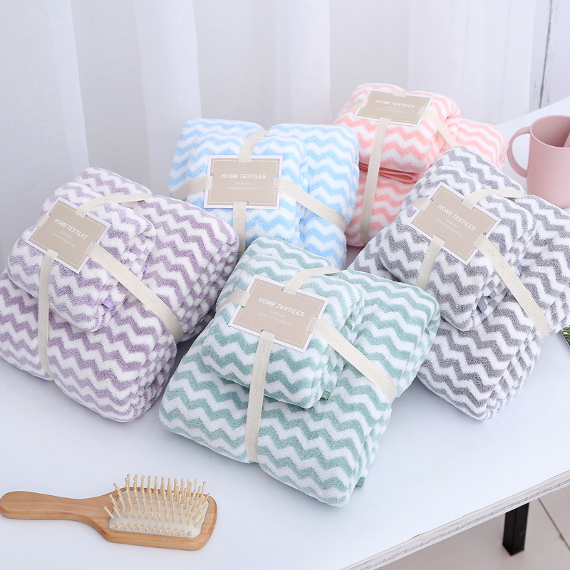 

Dropshipping 1pc Bath Towel 1pc Face Towel Set Stripe Pattern Coral Fleece Fast Absorbing Water Beach Towels 35*75cm 70*140cm, Tiaowen-zonghuangse