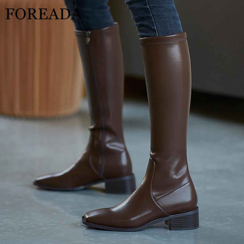 

FOREADA Med Heel Riding Boots Woman Block Heel Knee High Boots Square Toe Long Zip Female Shoes Autumn Winter Brown 33-40, Brown velvet lining