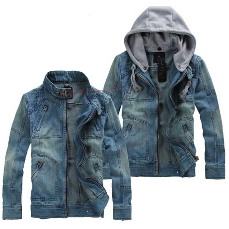 

New Hot Spring Autumn Men's retro Denim Jacket new stitching hooded denim jacket COAT cowboy washed tops outwear, Blue