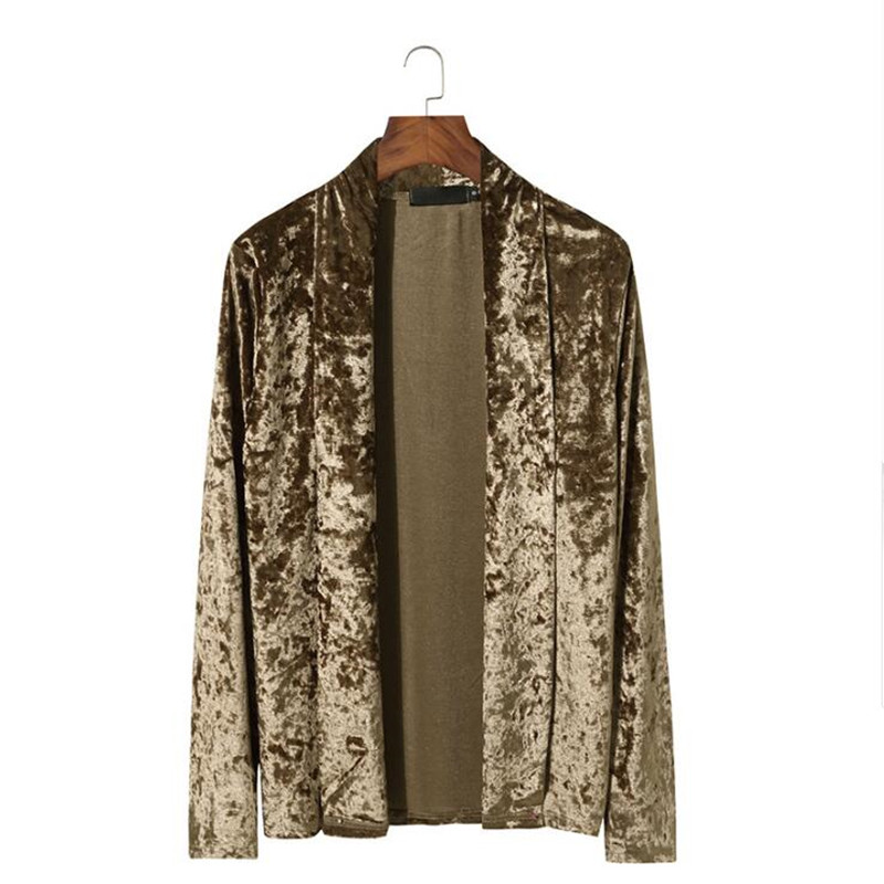 

Gold Velvet Cardigan Shawl Collar Mens Jackets 2020 Autumn Coats Casual Slim Solid Party Dance Club Hommes Veste, Black