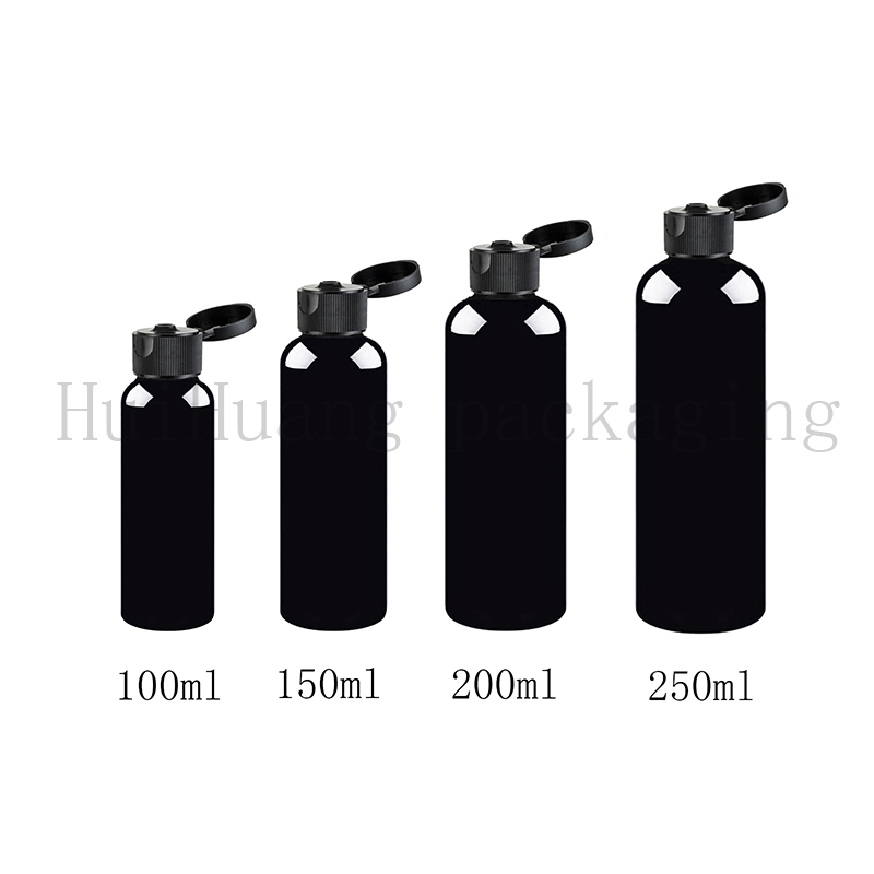 

50pcs/lot 100/150/200/250ml empty flip lid plastic black bottle for travelling,Black cosmetic container travel lotion