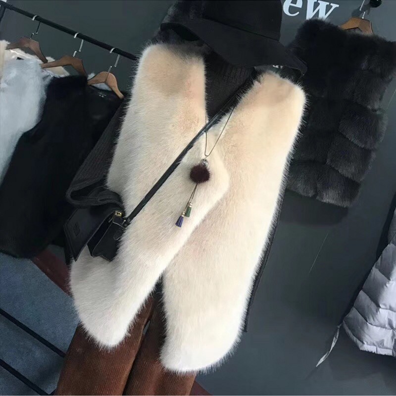 

Faux Fur Vest Jacket Coat Women Winter Thick Warm Outerwear Overcoat Parka Sleeveless V-Neck long Waistcoat Plus Siz, Beige