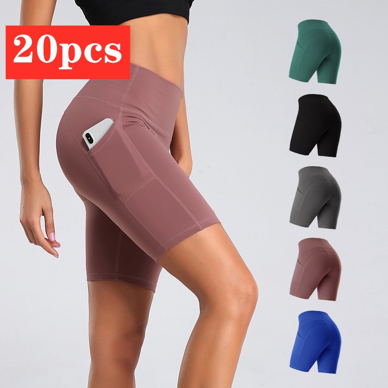 

20pcs Free ShipWomen Yoga Short Pant Women High Waist Lifting Push Up Tight Sports Leggings Phone Pocket Jogging Running Fitness, C dusty rose