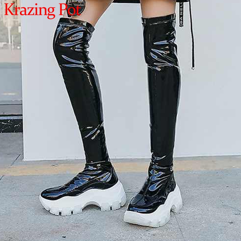 

krazing pot fashion young lady thick bottom waterproof cow leather stretch boots round toe mixed colors thigh high boots L10, Black