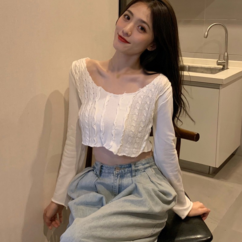 

Autumn New Knitted T-shirt For Women Fashion Sweet O Neck Long Sleeve Colorblock T Shirt Sexy Crop Tops  new, Black