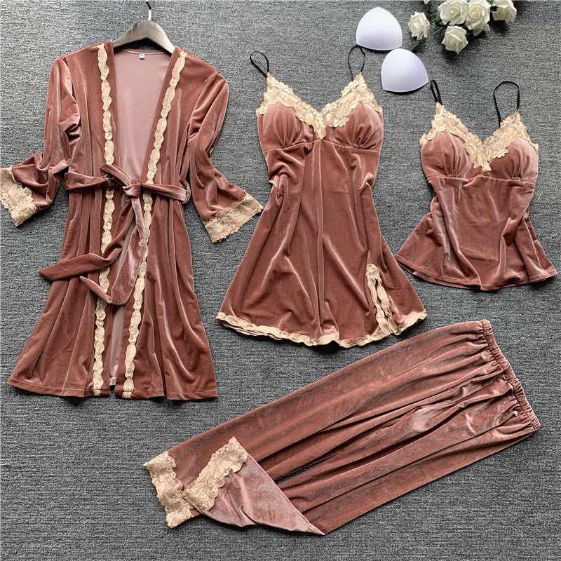 

Feier 4 Pieces Gold Velvet Pajamas Sets Warm Winter Pajamas Women Sexy Lace Robe Kit Sleeveless Nightwear Lingerie Mini Dress, Red