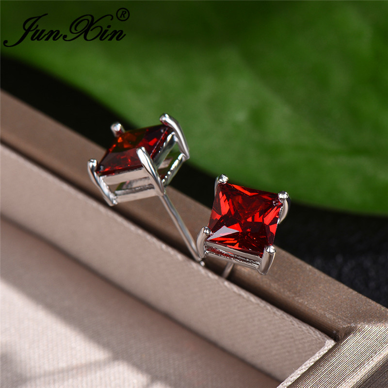 

Female Stacking 4/5/6/7MM Red Zircon Earrings Princess Square Stud Earrings For Women Wedding Ear Studs Party Jewelry Cz