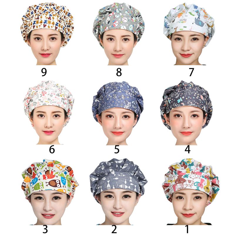 

Women Men Adjustable Floral Cap Kitchen Cotton Bouffant Hat with Sweatband