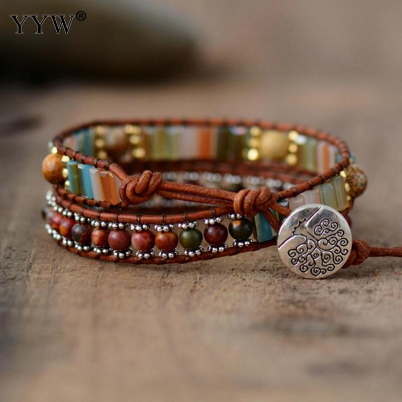 

Vintage Women Faux Leather Bracelet Natural Stone Unisex Adjustable Fashion Wristband Retro Ethnic Jewelry Bangle Bileklik mujer