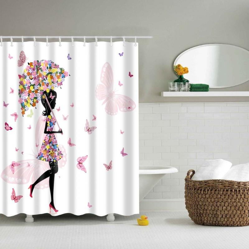 

Flower Fairy Shower Curtain Cartoon Girl Waterproof Bath Curtains for Bathroom Bathtub Bathing Cover Large Wide 12pcs Hooks