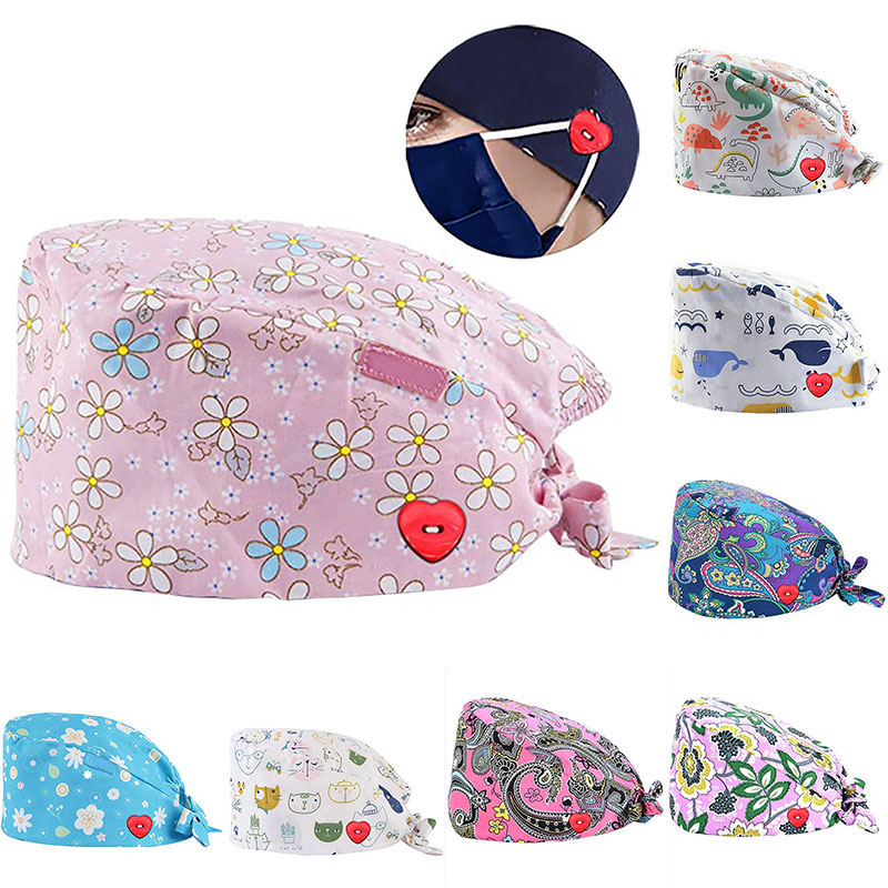 

Clearance Pattern Scrub Cap Printing Working Hat Cotton Women Men Beautician Dust Proof Cooking Chef Caps, Random