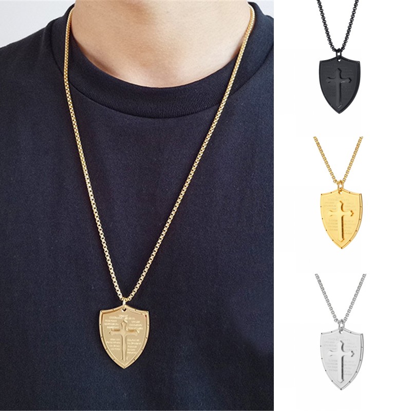 

BOAKO Stainless Steel Necklace for Women Men Long Chain Necklace Mens Shield Cross Pendant Punk Hiphop Jewelry Collares
