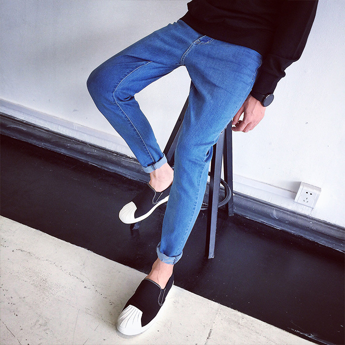 

Fashion 2020 Autumn Solid Casual outfit washing feet jeans Men Harem pants Denim Slim Fit Teenagers trousers Pencil Pants, Blue