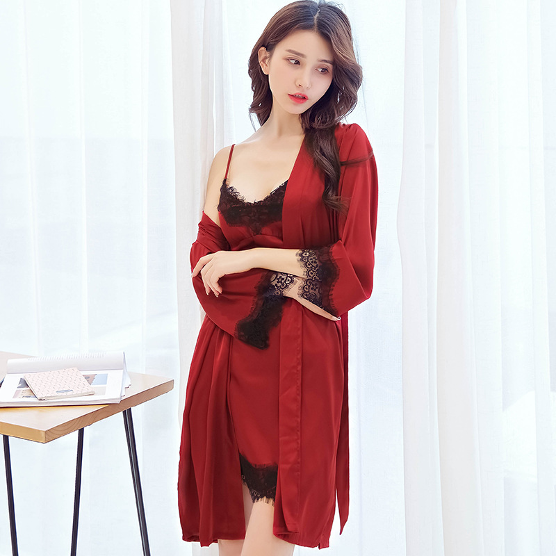 

FZSLCYIYI Female Sexy Bra Pajamas Silk Bathrobes Dress Nightgown Set Women Two Piece Nightdress Lace Robes Homewear Clothing, Pink