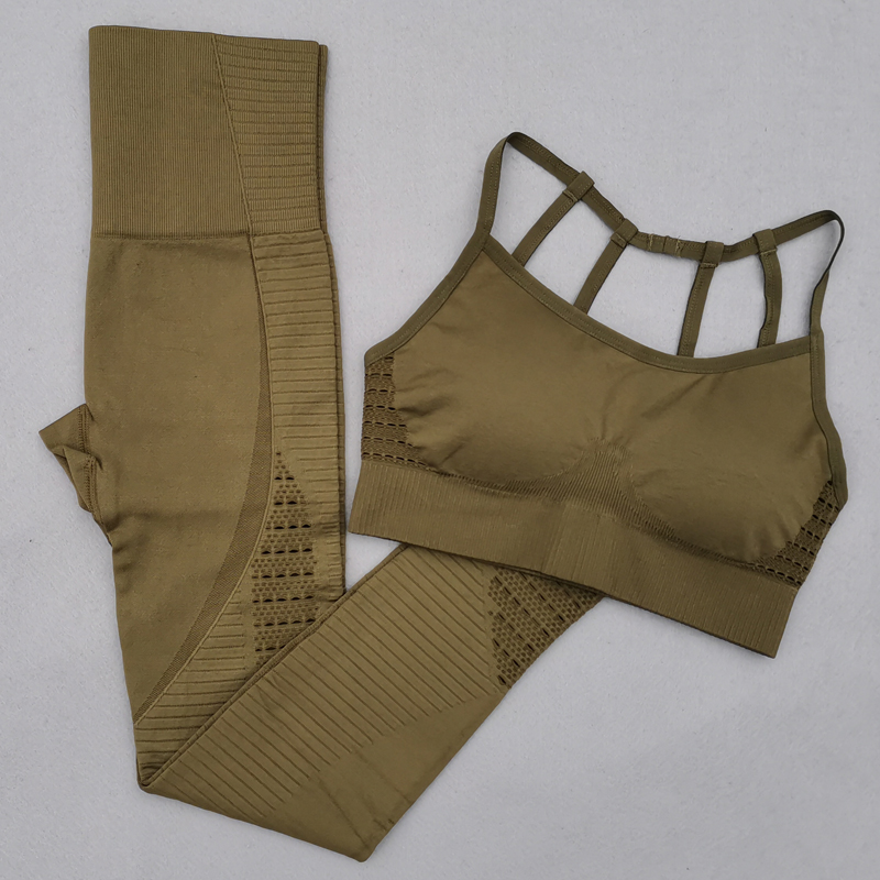 

Seamless Yoga Set Women Fitness Clothing Sportswear Woman Padded Push-up Strappy Sports Bra+Gym Leggings Sports Suits, Army green 2 pcs set
