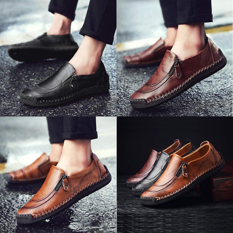 

Men's Casual Leather Hand Stitching Zipper Slip On Loafers Soft Comfortable Oxford Walking Driving Shoes, Black