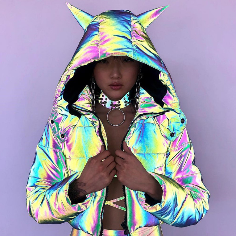 

New full reflective Reflective Coat Women 2020 Winter Fashion Long-sleeve harajuku Coat Personality Loose Short Hooded Jacket, Multi