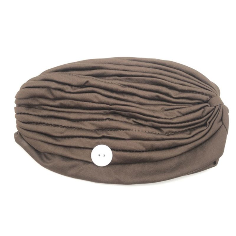 

Women Sport Turban Hat with Button Mask Holder Pleated Solid Color Beanie Cap M7DD
