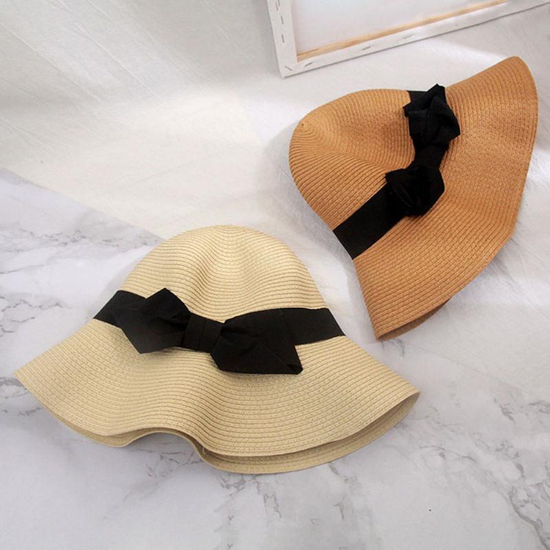 

2020 Summer Foldable Straw Hats Casual Vacation Travel Handmake Ribbon Bow Sun Caps, Khaki big bow