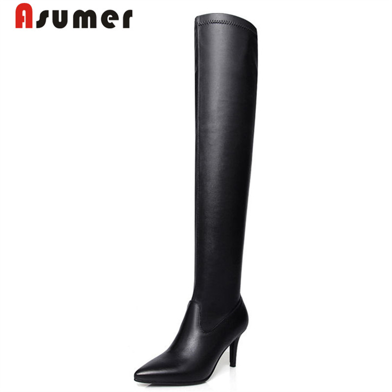 

ASUMER 2020 new hot sale autumn boots simple pointed toe over the knee boots classic black popular genuine leather women
