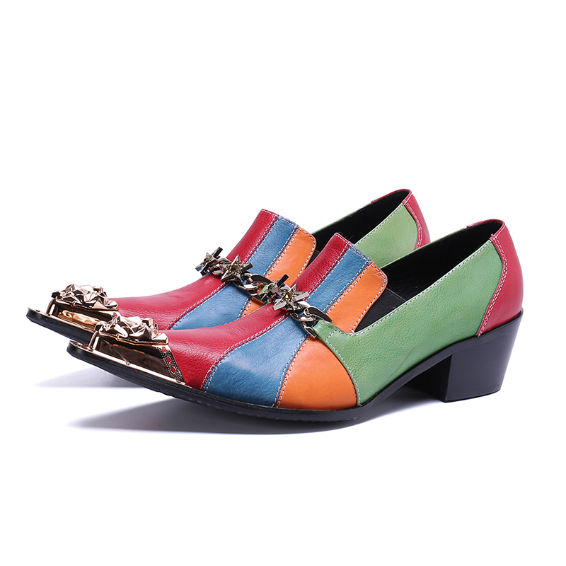 

Mens Genuine Leather Metal Toe Match Colors Oxfords Wingtip Shoes Dress Chunky Heel Plus Size, Mixed