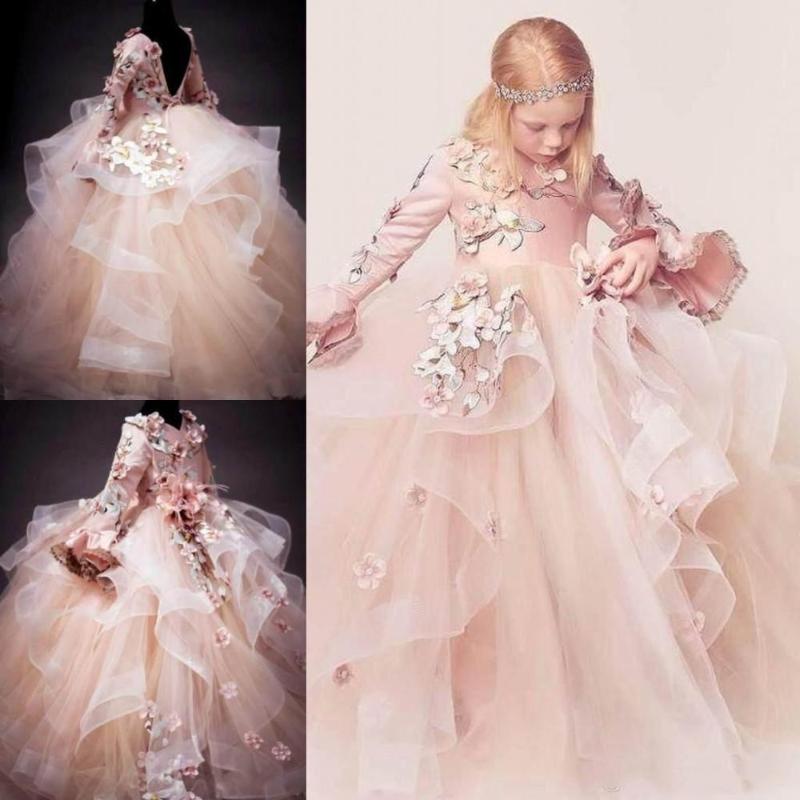

Champagne 2020 Luxury Flower Girl Dresses For Weddings 3D Floral Appliques V-Neck Long Sleeve Lace-Up Girl's Birthday Dress, Beige