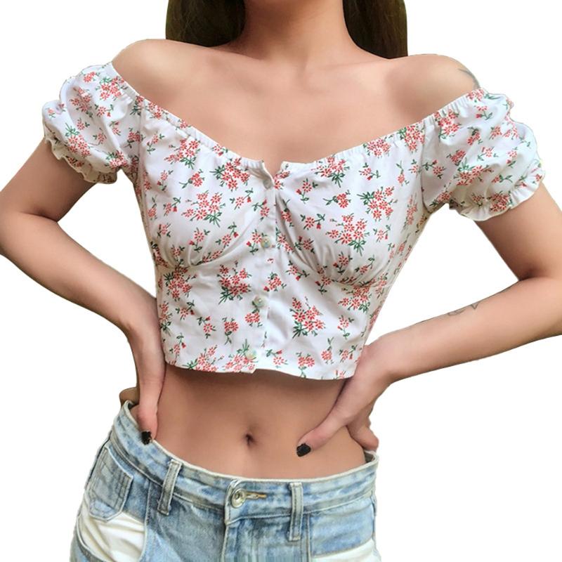 

Women Cropped Top Single Breasted T-Shirt Flower Printed Short Puff Sleeve Summer Girls Sweet Top, As pic