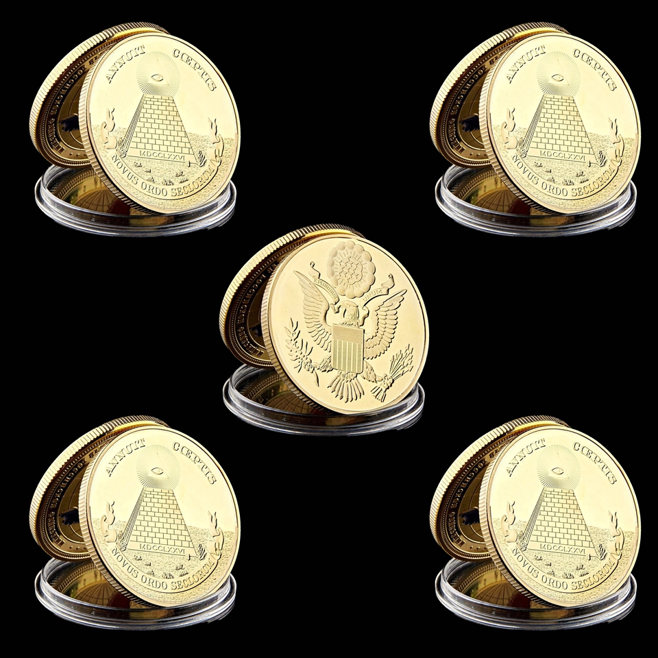 5pcs Gold Plated Coin American Eagle Masonic Annuit Coeptis Commemorative Coin Medallion Collection Physical Gift-image-590712267