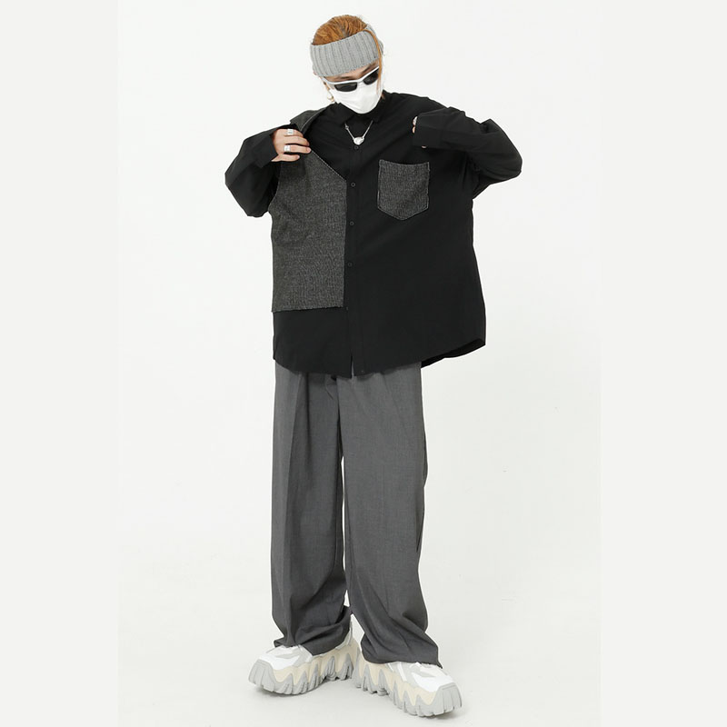 

Male Streetwear Hip Hop Vintage Fashion Loose Black White Shirt Men New Splice Casual Long Sleeve Shirt, 2098 black