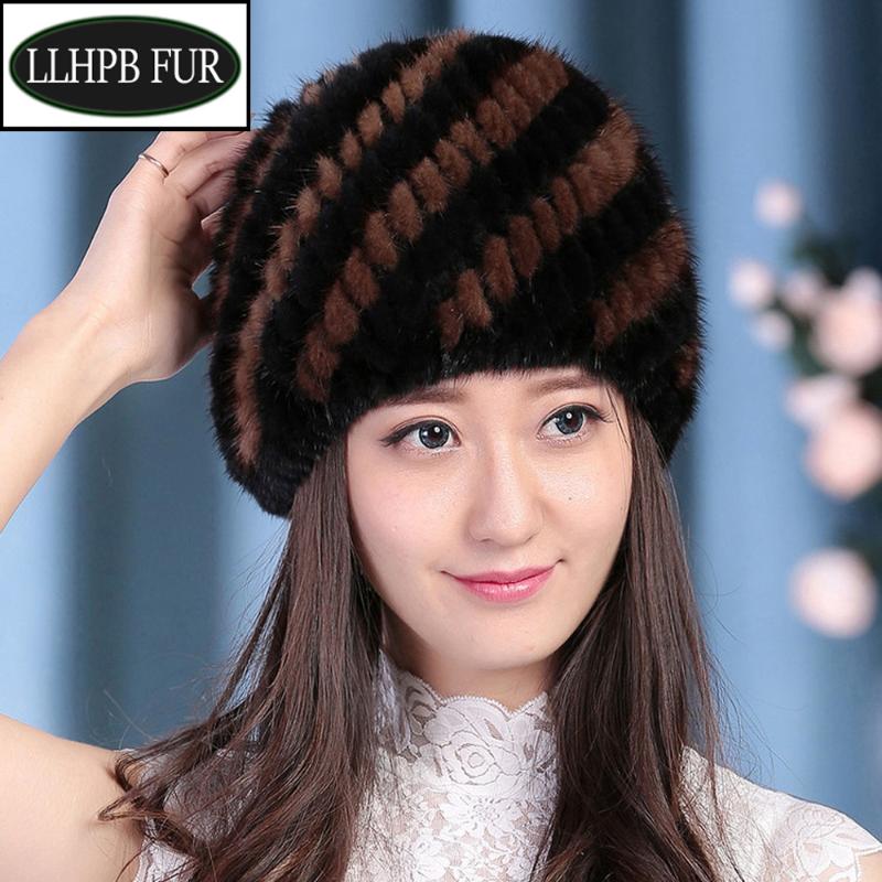 

Hot Sale Winter Lady Natural Hand Knitted Beanies Hat Warm Genuine Cap Women Good Elastic Real Hats, Black