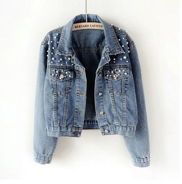 

Plus Size Pearl Beading Short Denim Jackets 3Xl 5Xl Women White Wash Long Sleeve Vintage Casual Jean Jacket Bomber Denim Coat, Black