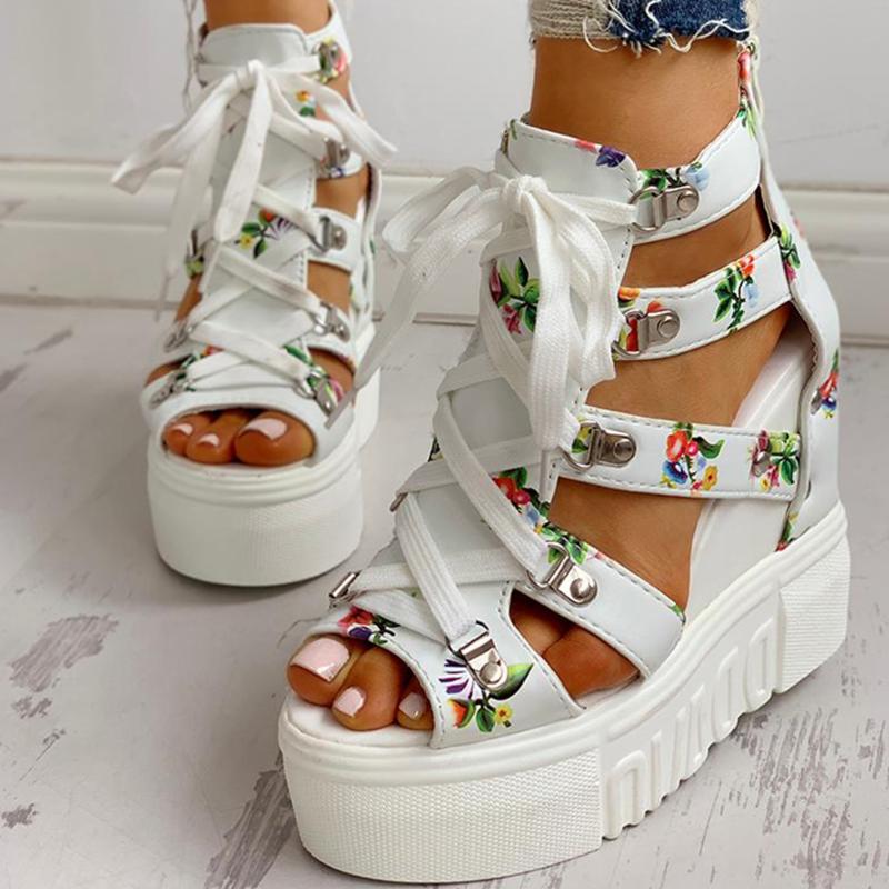 

Hot Print Leisure Wedges women's Shoes 2020 Summer Shoes women Sandals Platform Shoelaces High Heels Casual Woman, Black