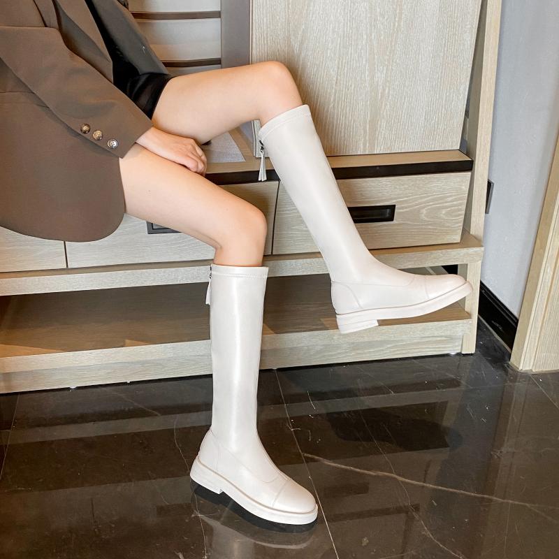 

2020 INS Women Knee High Boots Lady Riding Botas Soft Leather Winter Shoes Platform Square Toe Casual Footwear White Boots, Beige