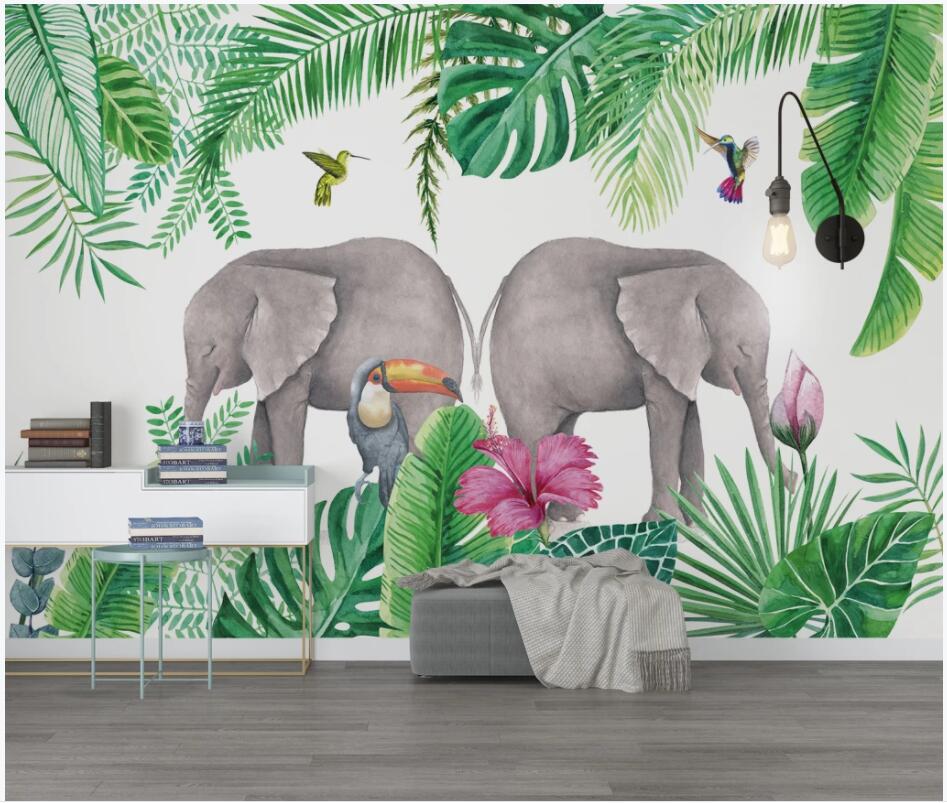 

custom mural on the wall 3d photo wallpaper Tropical rainforest plants elephant flowers and birds home decor wallpaper in the living room, Non-woven wallpaper