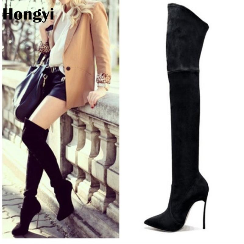 

Hongyi Style Over the Knee Boots for Women Shoes Pointed Toe Pleated Suede High Heels Long Thigh High Boots Black Grey Sexy, As showed color