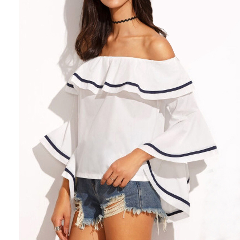 

Women Off Shoulder Blouse Ladies Office Shirts Summer Tops Beach Tunic 2020 Female Vintage Ruffles Party Tops Blusas Femininas, Black
