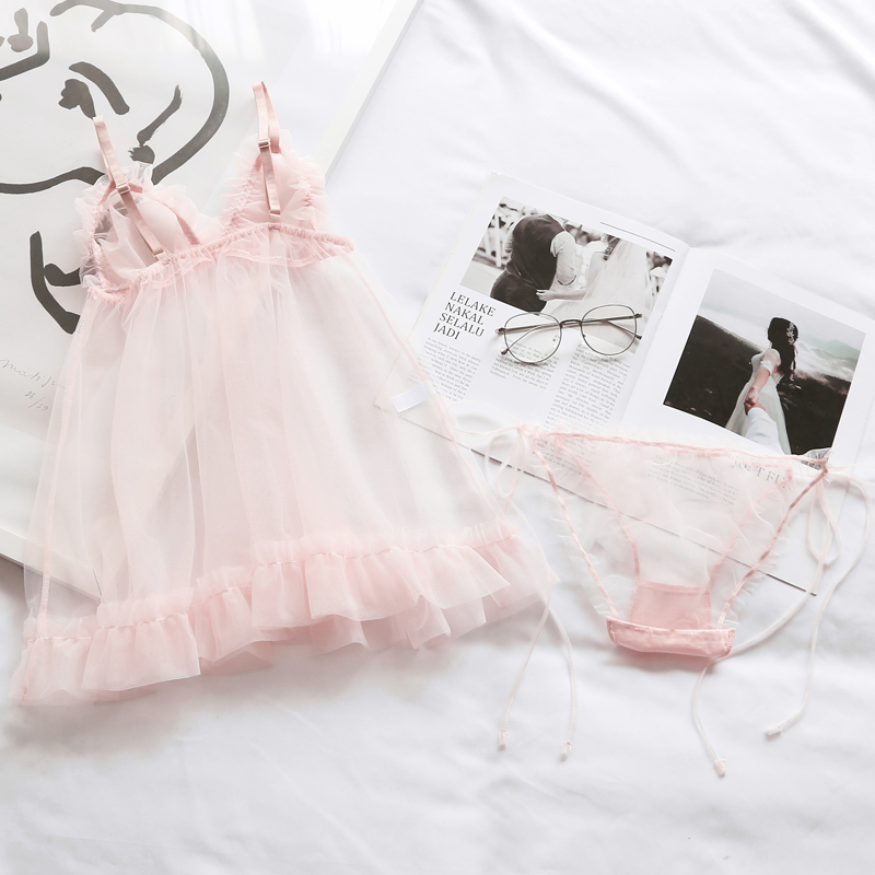 

Summer Sexy Lace Sling Ladies Nightdress Polka Dot Mesh Side Slit Sleepwear Suit Lingerie for Women Night Dress Nightgowns Women, Pink
