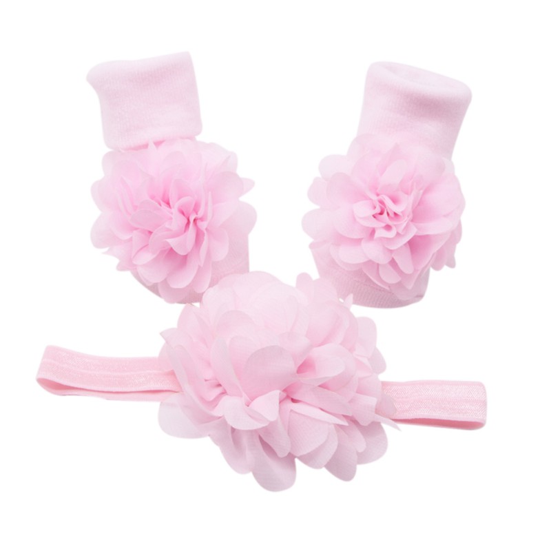 

HIgh Quality 2Pcs Baby Girls Cute Lace Floral Cotton Anti-slip Socks With Big Flower Hairwear Set, Red